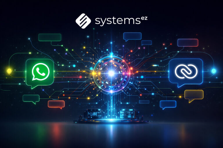 SystemsEZ: WhatsApp and Zoho CRM integration showing automated messaging workflows and two-way chat functionality